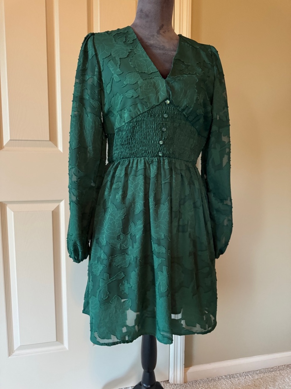 Green Floral Textured V-Neck Mini Dress